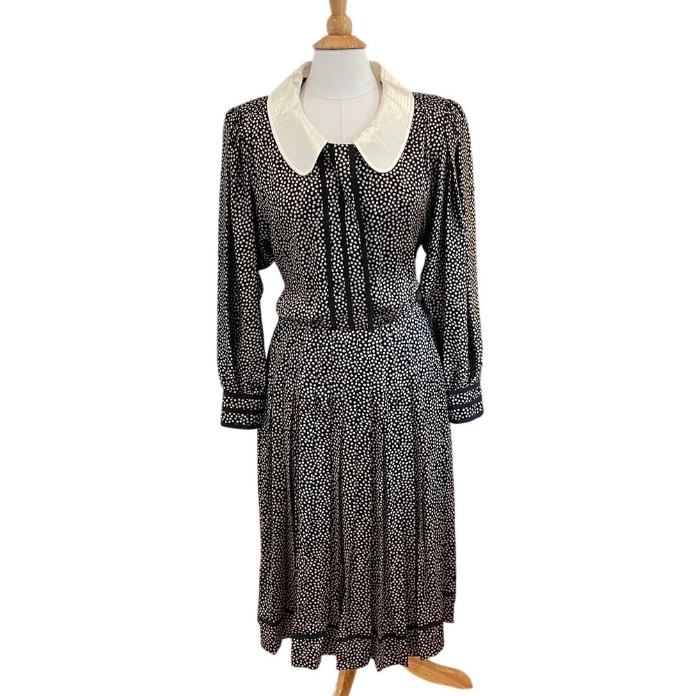 VTG Albert Nipon Black, Cream Silk Polka Dot Midi Dress, Peter Pan Collar 14